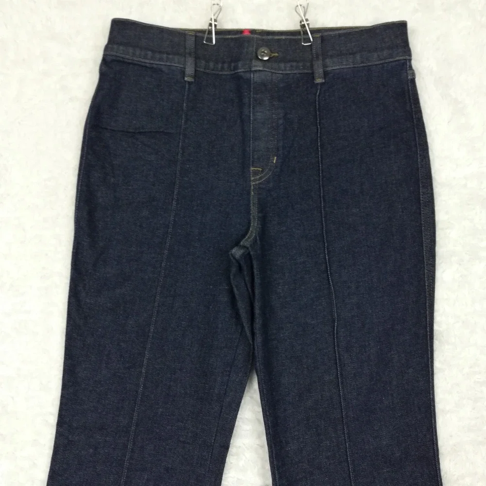 Spanx Womens Jeans Flare Leg Blue Denim Dark Wash Pintuck Seam Pull On High L